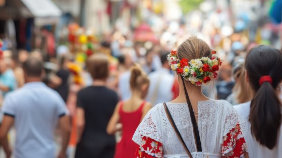 A woman with a floral crown and traditional lace dress stands in a bustling street. The scene conveys a festive, lively atmosphere with blurred crowds.