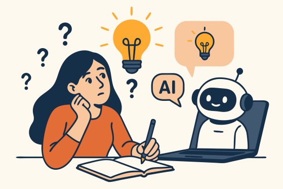 Illustration of a woman pondering with question marks around her, writing in a notebook. A smiling robot on a laptop, with "AI" and lightbulbs signifying ideas.