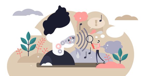 Illustration of a person speaking with sound waves and symbols like gears, letters, and music notes. A tiny figure inspects these with a magnifying glass. The tone is analytical and creative.