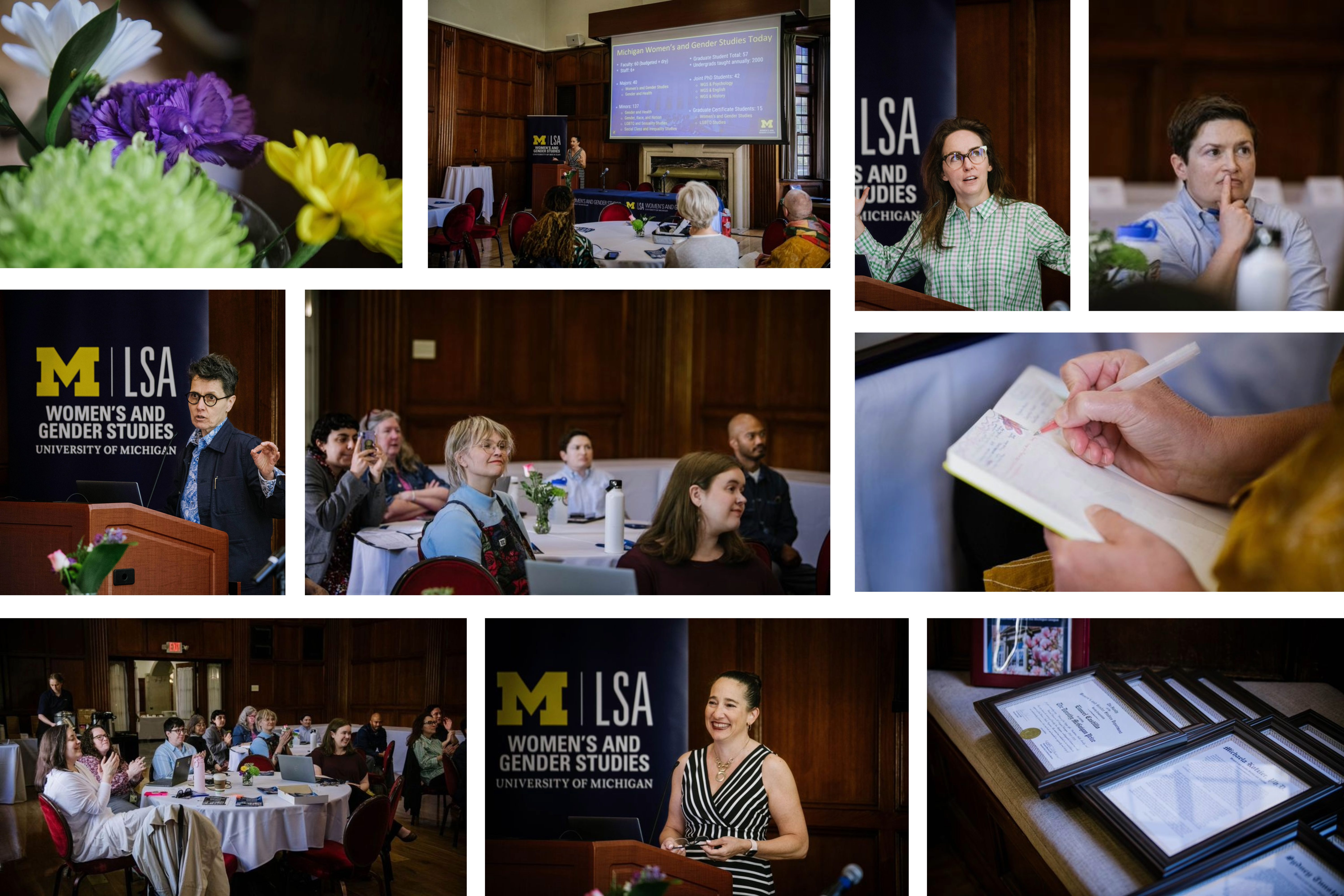 Collage featuring the Michigan league, professors, and attendees