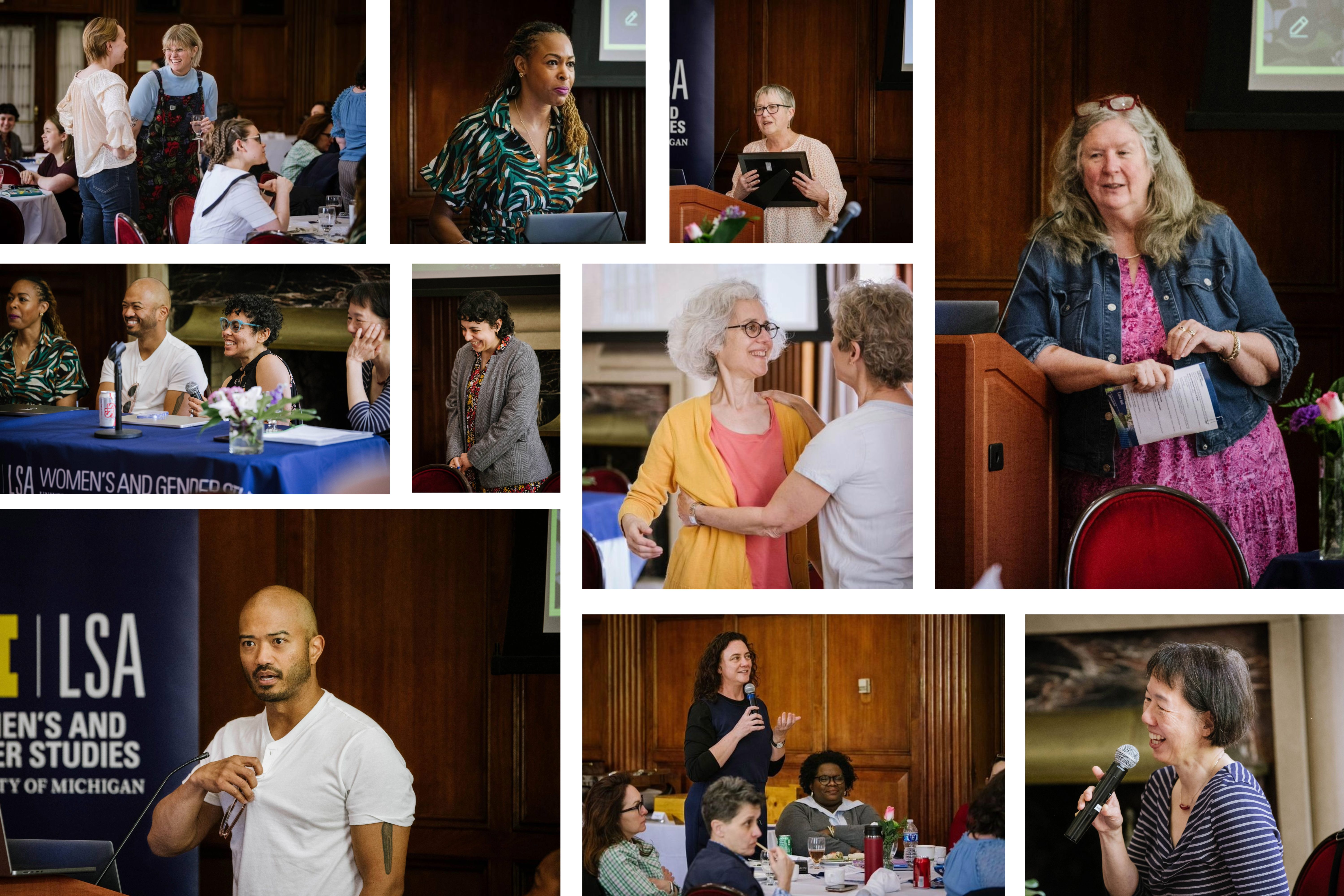 Collage featuring attendees posing questions to panelists and professors speaking