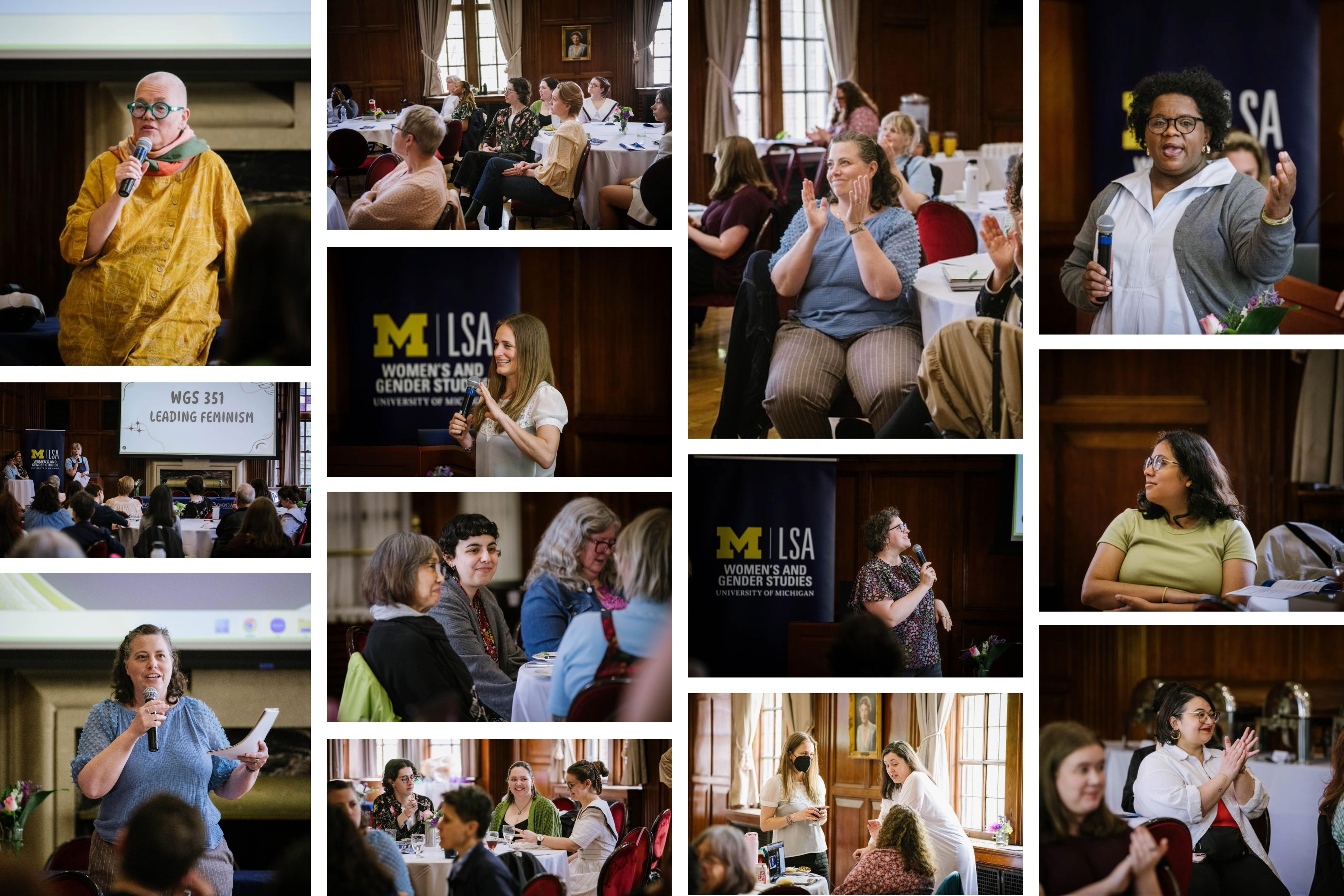 Collage featuring professors presenting research and attendees applauding