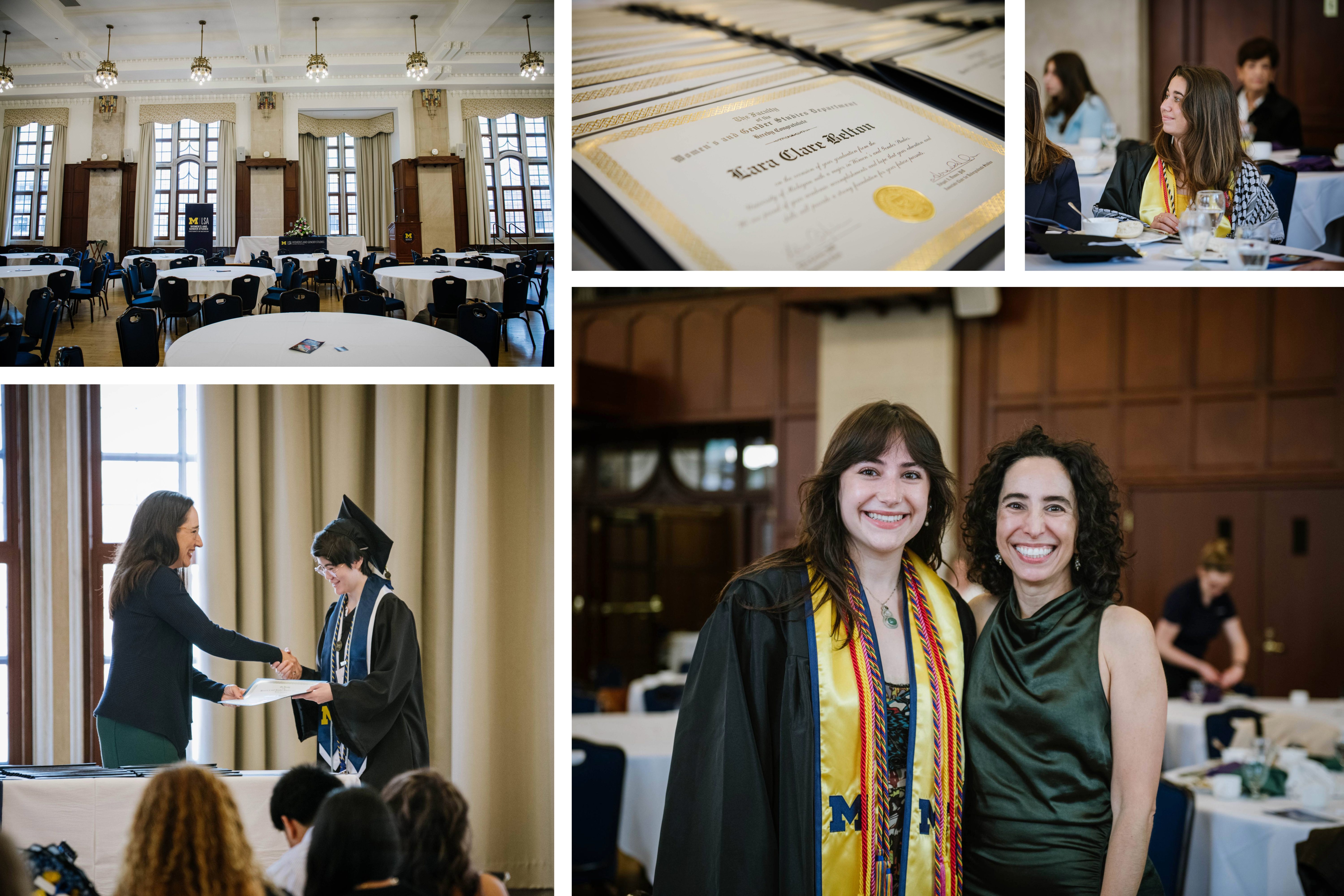 collage featuring the League ballroom, graduation certificates, graduating students