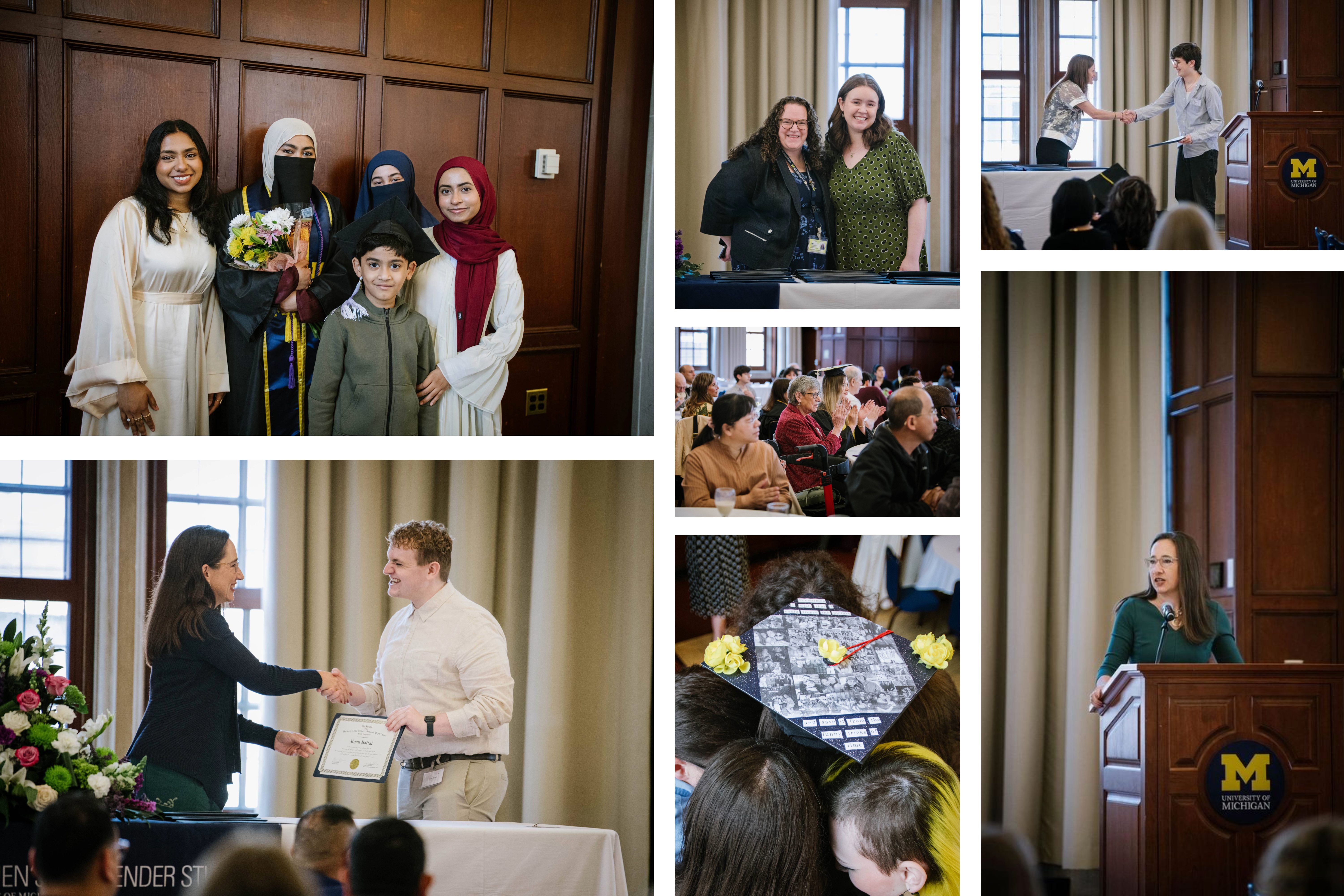 Collage featuring graduates and their families; Professors Cortina and Dumes