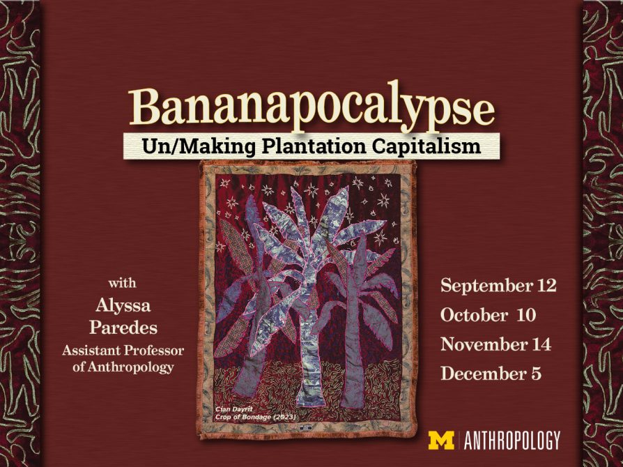 Tapestry depicting three banana trees growing from ground comprised of the outlines of human bodies.