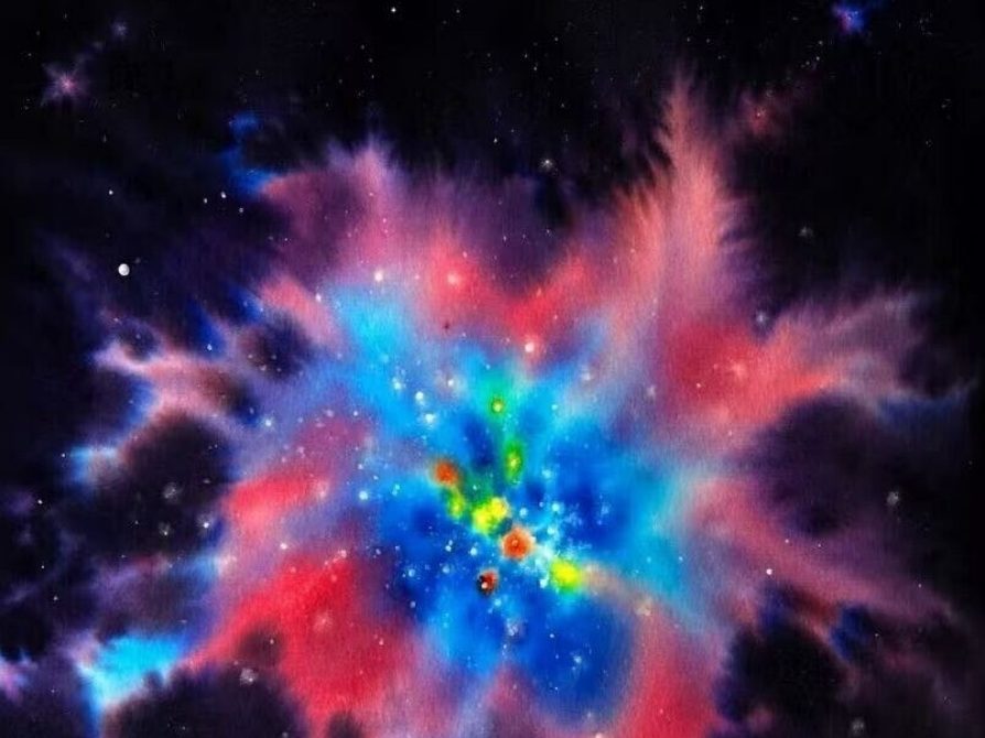 This painting shows massive stars emitting ionizing radiation, but gas swept up by supernova-driven galactic winds can prevent that radiation from escaping the galaxy. Image credit: Siyi Wang (Used under a CC BY-ND 4.0 license)