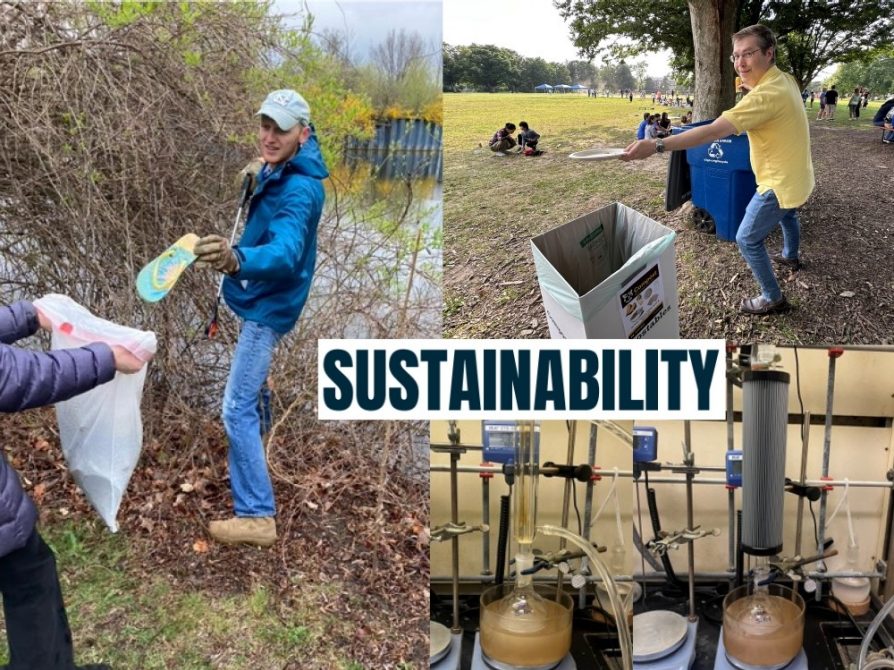 the word "sustainability " on a photo collage of a man along a river bank throwing trash into a bag; another man tossing a paper plate into a compost bin; a photo of two reaction set ups, one with a water condenser and one with a findenser