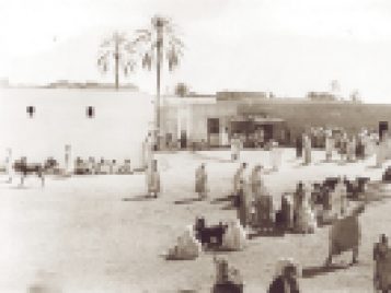 Panorama of a bustling market. Crowds of people stand, sit on the ground, and conduct business. In the background are flat-topped buildings and date palm trees.