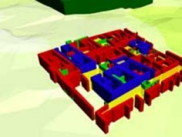 3D rendering of the site of Soknopaiou Nesos, with various colors calling out certain architectural elements.