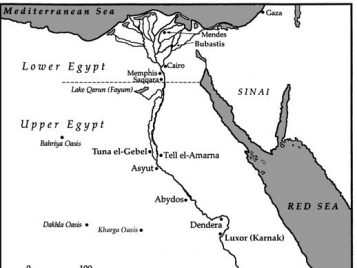 Map of Lower and Upper Egypt showing various sites found along the Nile River.