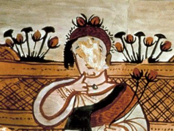 Painting of the god Harpocrates, holding flowers and raising his finger to his chin.
