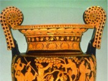 Two-handled, red-figure amphora depicting Dionysus and possibly Ariadne in a vineyard and cave.