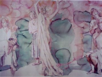 Modern painting of a woman getting ready for a ritual, with stylistic and thematic similarities to the Villa of the Mysteries cult initiation scenes.