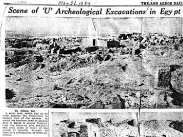 Copy of a 1934 edition of the Ann Arbor Daily News, headlined "Scene of 'U' Archaeological Excavations in Egypt" and featuring a grainy picture of the site of Karanis, Egypt. 