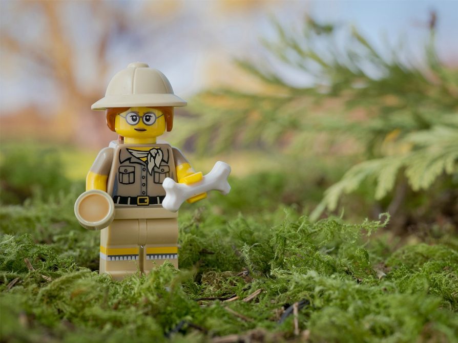 Scene with a LEGO character wearing a helmet and holding a lamp and bone, standing among moss and greenery.