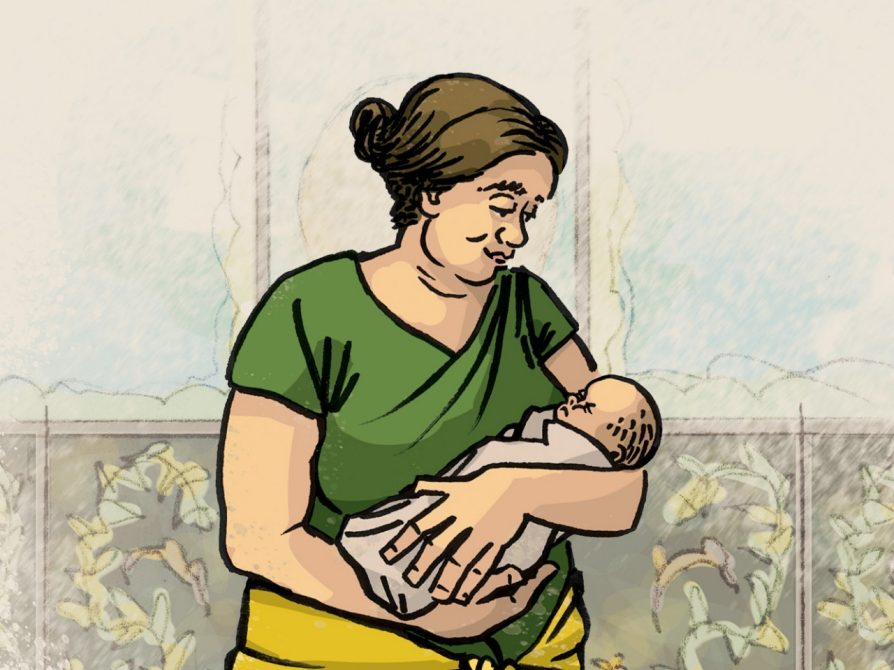 Illustration of a middle-aged Roman woman holding an infant.