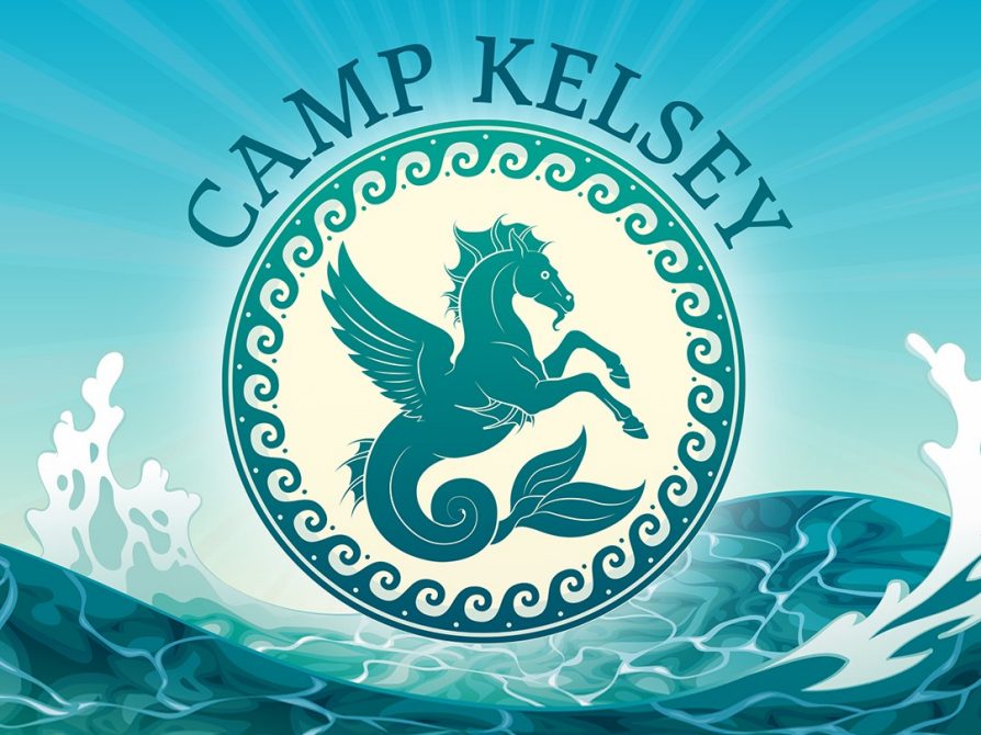 Camp Kelsey logo with an illustration of a hippocampus encircled by a stylized wave pattern.