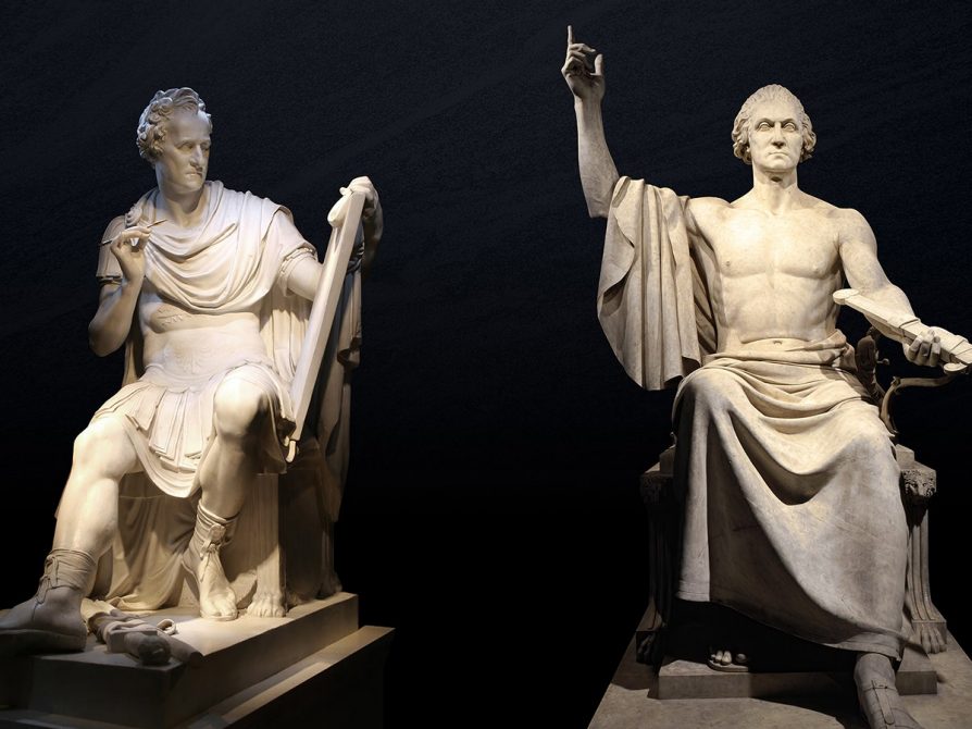 Graphic showing two statues of George Washington. The statue on the left is a plaster replica Antonio Canova’s earlier marble sculpture of George Washington, who is dressed in Roman military armor as Cincinnatus, holding a tablet and quill. On the right is Horatio Greenough’s marble sculpture showing George Washington seated on a throne, with one hand upraised and the other holding a sword.