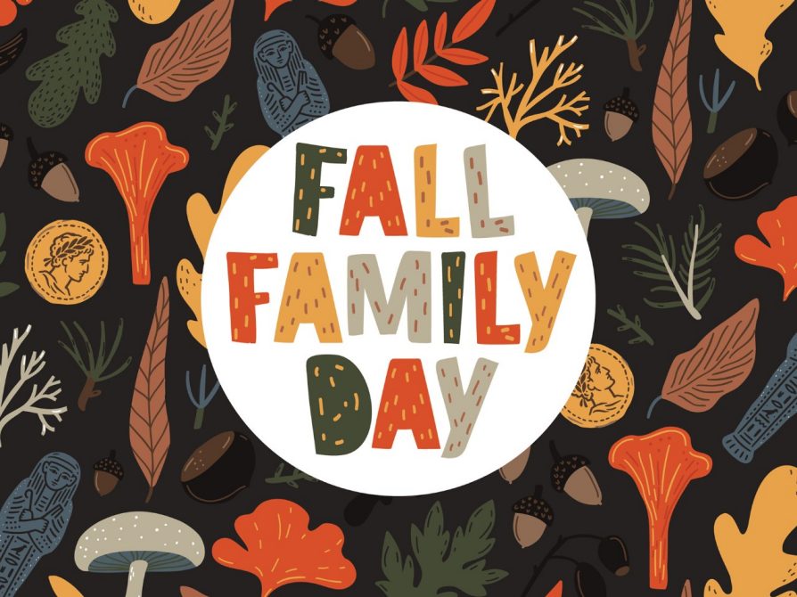 Graphic reading, “Fall Family Day.” The text is encircled in white and overlays repeated illustrations of fall leaves, acorns, mushrooms, and other plants, interspersed with gold Roman coins and blue Egyptian ushabti figurines.
