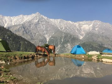 A distant, craggy rocky mountain range is against a blue sky. Closer, there are green hills and three tents pitched around a body of water. There are two brown horses drinking from the water. The water is so clear the whole scene is reflected in it.