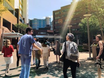 LSA students make their way to a presentation at Vanderbilt University Medical Center where they had the chance to ask a panel of Vanderbilt medical students questions about the field.