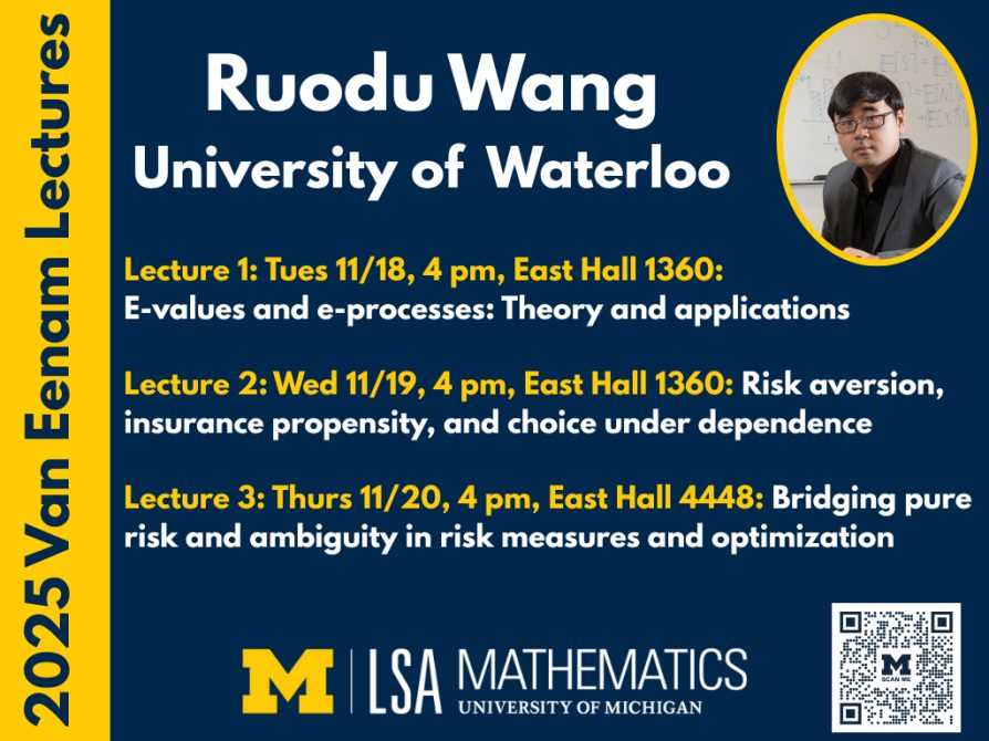 2025 Van Eenam Lectures featuring Ruodu Wang, University of Waterloo. November 18-20, 4 pm 