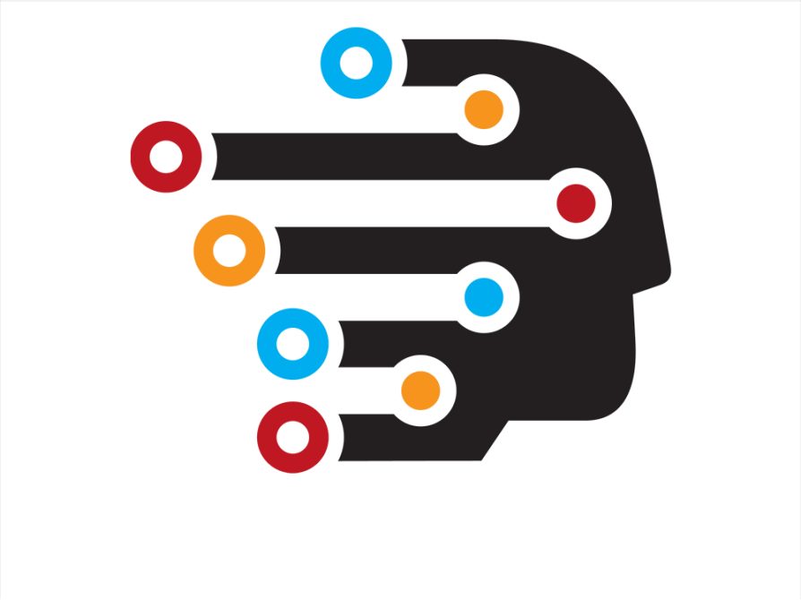 The logo for the Center for Social Solution's The Future of Work Initiative, a black outline of a human head with white lines and blue, orange, and red circles overlapping it.