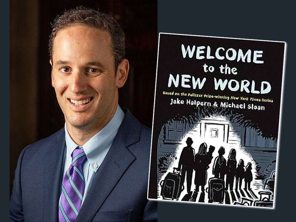 Image of Jake Halpern in a suit and tie next to the cover of his book “Welcome to the New World,” which features silhouetted figures with luggage against a dark background.