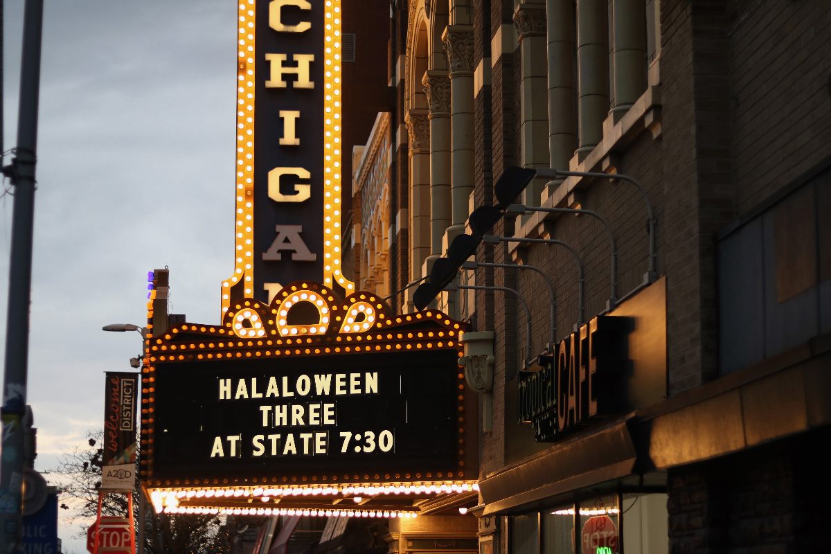 Image of the Michigan Theater with the marque: Halaloween Three at State 7:30 PM