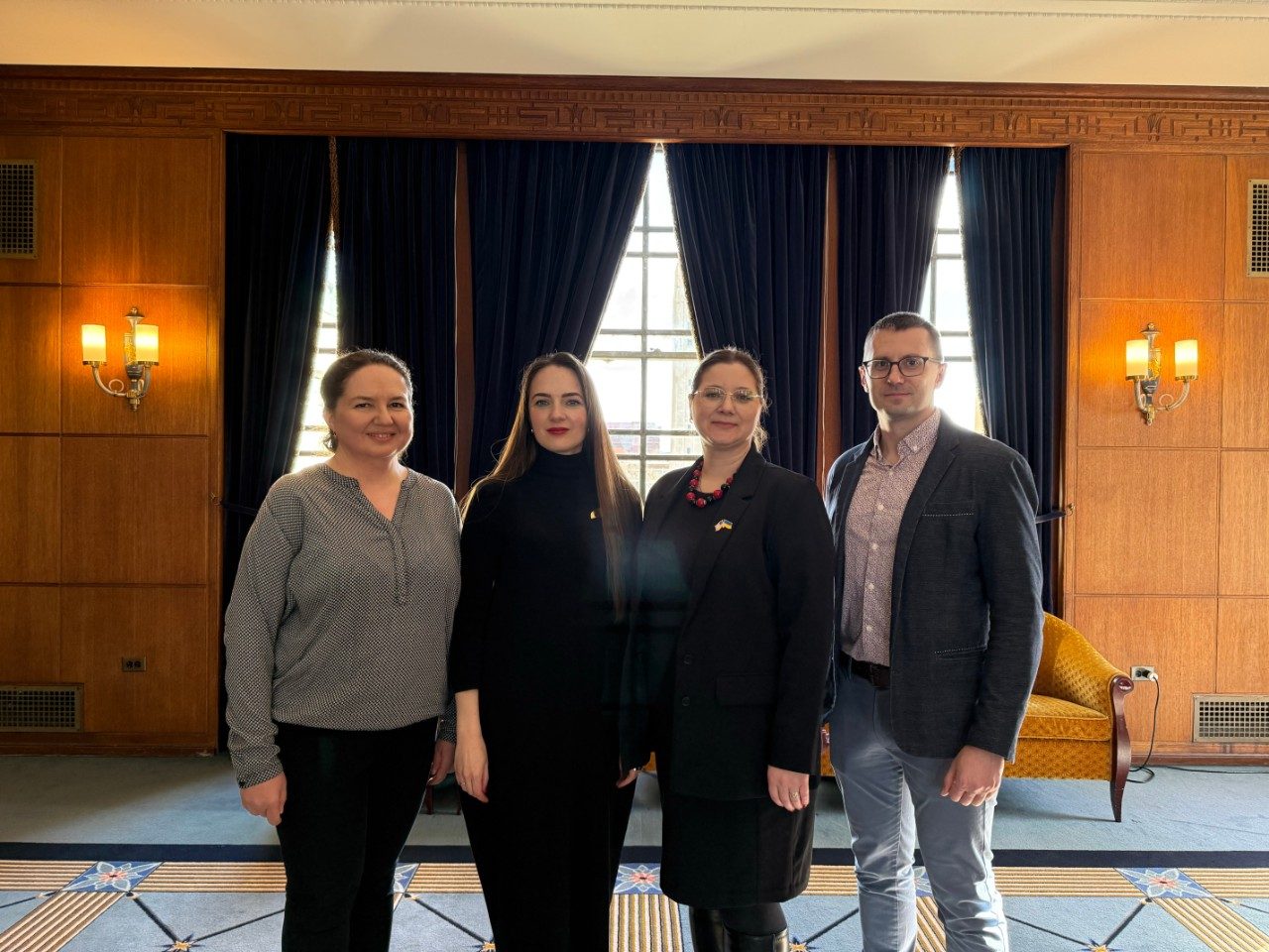 Matviichuk with Ukrainian Weiser Fellows (from left) Oksana Chabanyuk, Katerina Sirinyok-Dolgaryova, and Yurii Kaparulin.