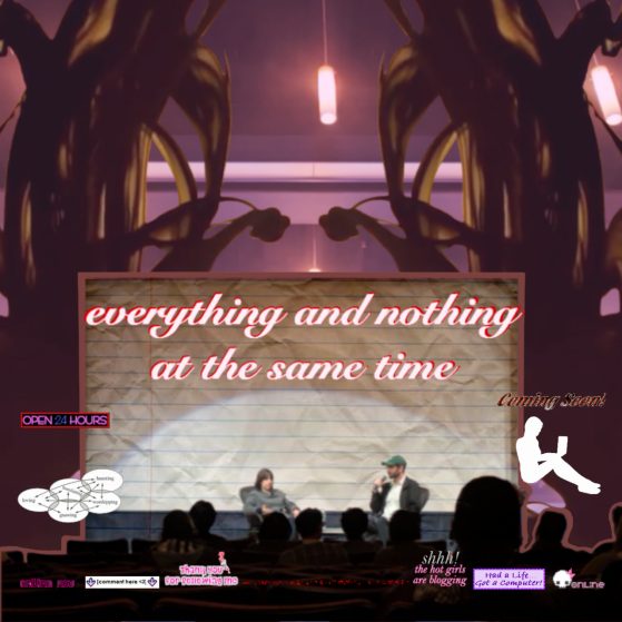 A collage of graphics, including an image of Molly Soda and moderator Sam McCracken during the event. A crinkled lined piece of paper serves as the stage backdrop with stylized text framing at the bottom. 