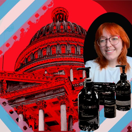 Stylized image of a governmental building with a red filter, framed by film strips in the colors of the trans flag. To the right is a smiling photo of Atticus Spicer and various darkened HRT supplies.
