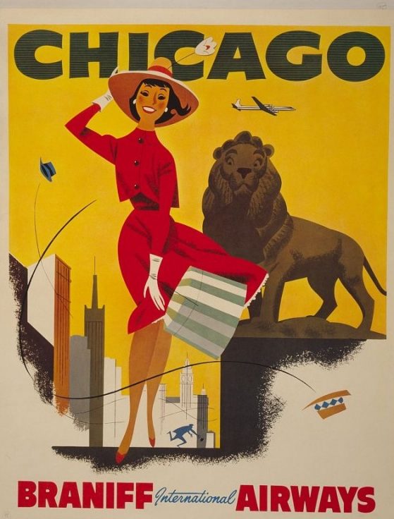 Poster of Chicago with woman wearing red dress and hat.