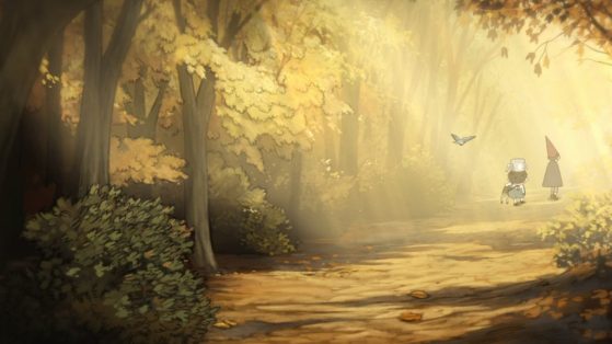 Two cartoon characters in Halloween costumes walk into a fall forest