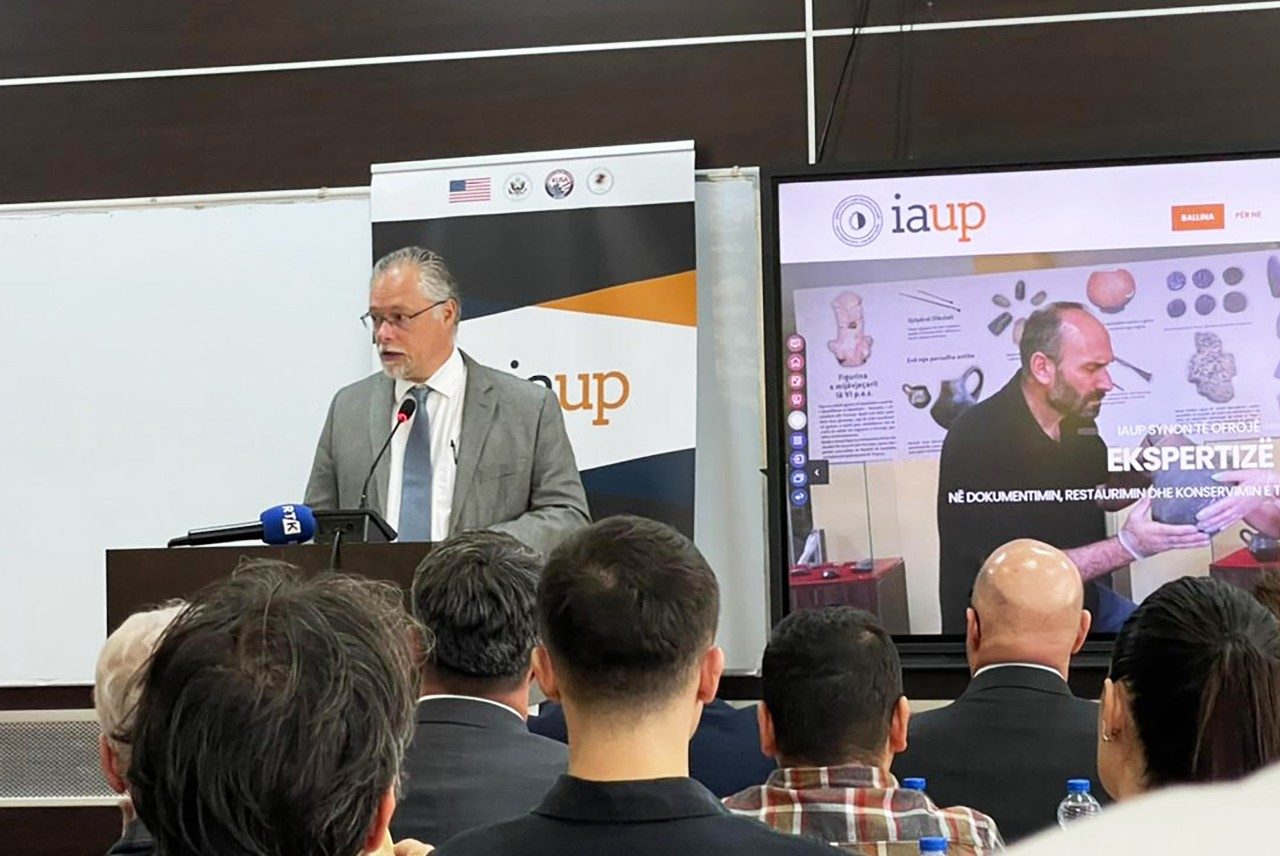 Mike Galaty speaks at the inauguration of the Institute of Anthropology at the University of Prishtina (Kosova). 