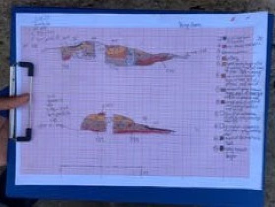 A clipboard held landscape view with the a piece of white with red lined graph paper showing an elevated view of a section of the site with a legend and notations.