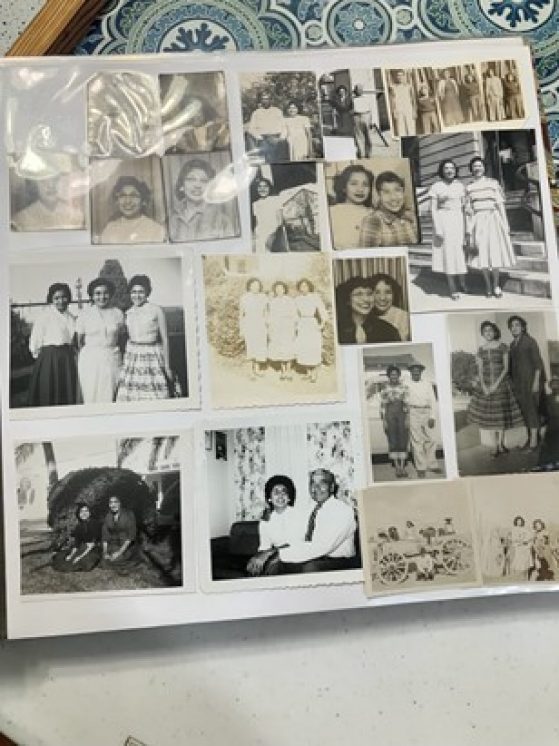 Page of an old family album with black-and-white and sepia tones photographs of small groups of different family members.
