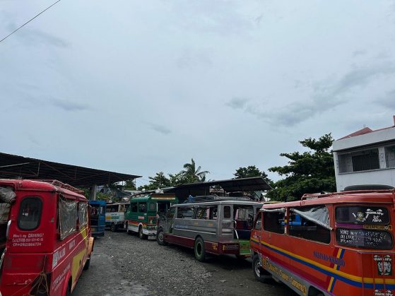 Looking down 2 rows of an outdoor bus garage with red, blue, white, green, gray, and red buses.