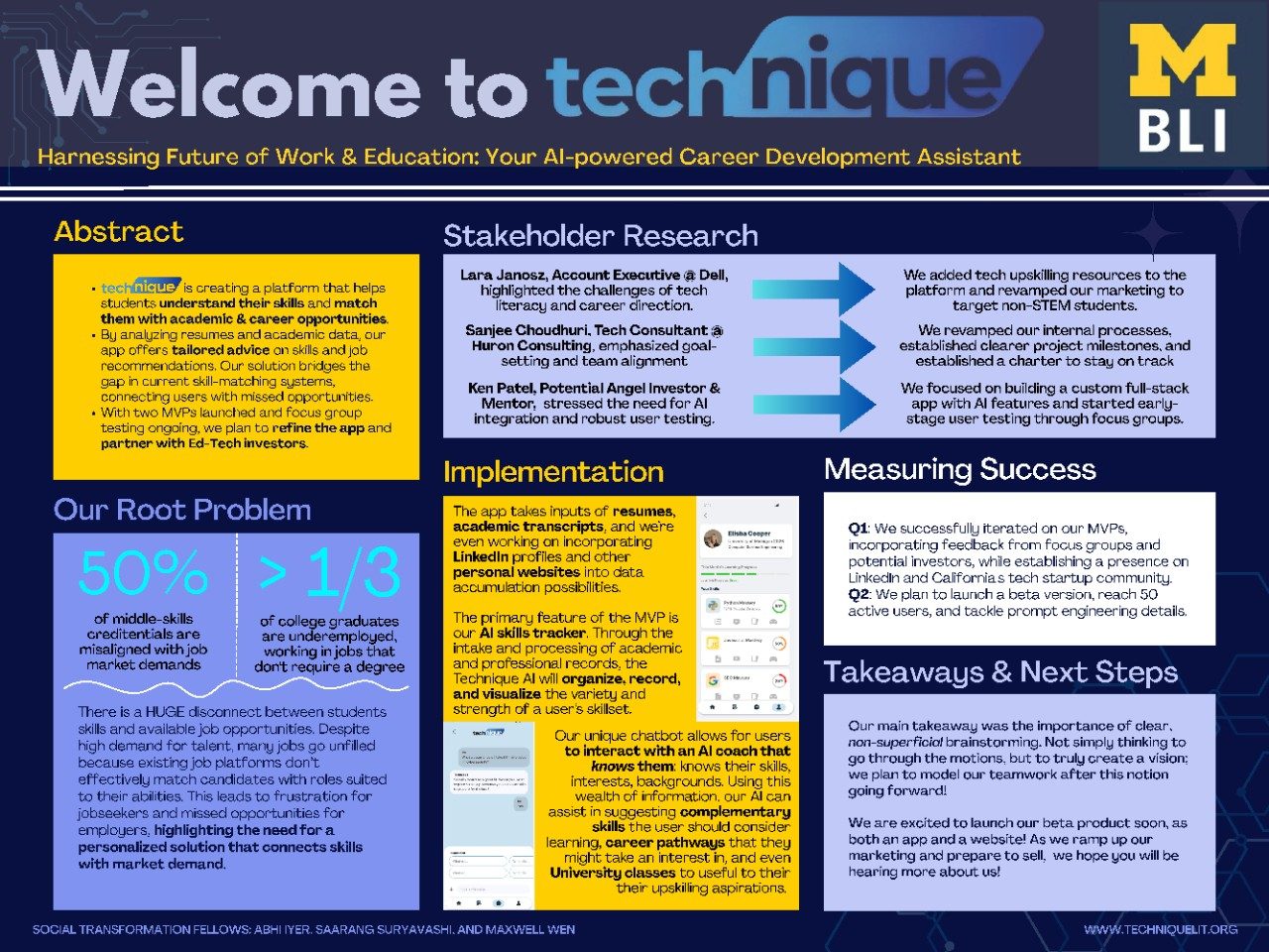 Poster for Presentation for Technique, a team building a web platform that redefines how students navigate their careers in a tech-driven economy.