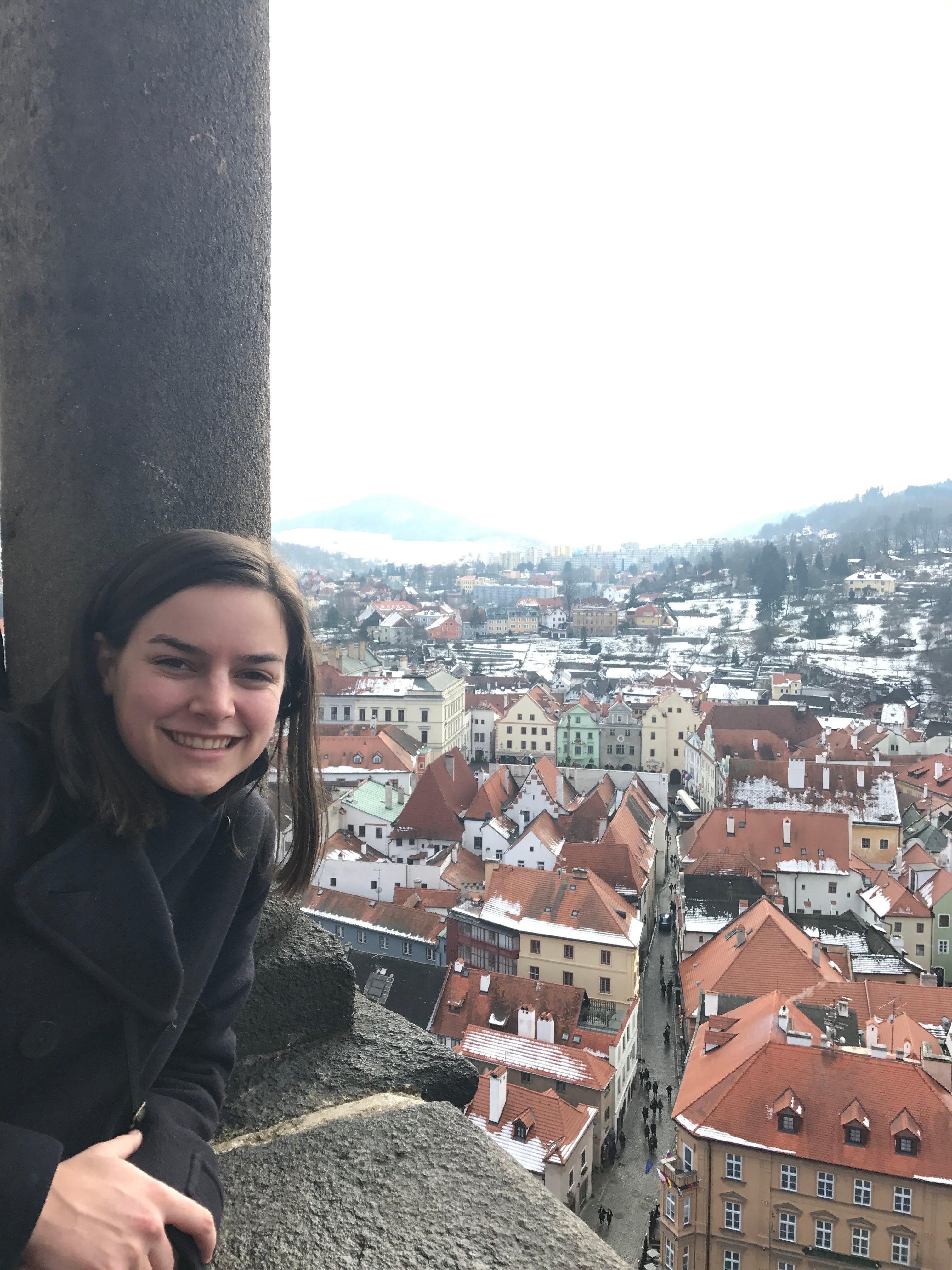 Margot poses for a photo at a vantage point over looking Czechia 