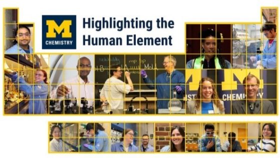 outline of the periodic table but instead of element blocks, their are photos of chemistry people and the tagline Highlighting the Human Element