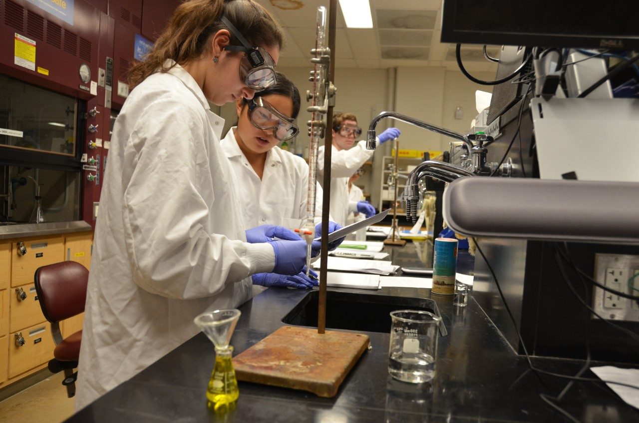 Image of two students in a lab runing experiments
