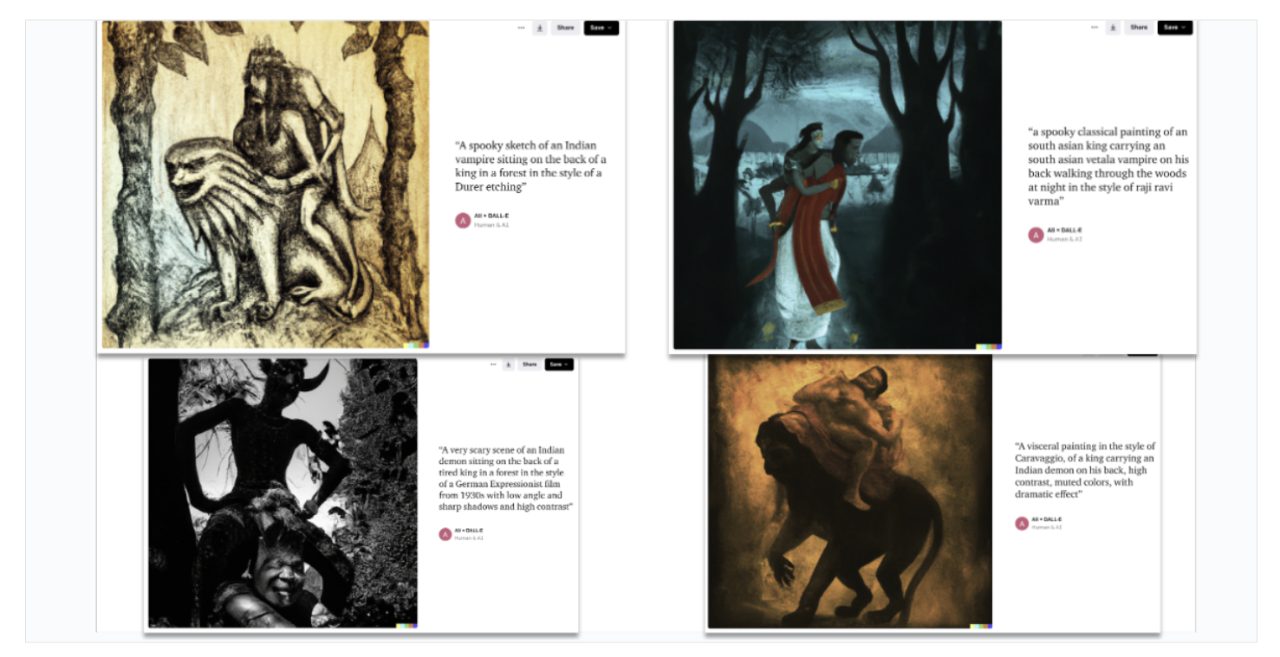 Merrill’s student images generated by AI after prompting the system with different translations of a similar fantastical character – the vetala.