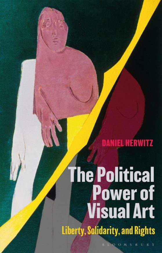 Daniel Herwitzs’ book cover with a pink human figure and various green, red, yellow, and white shapes