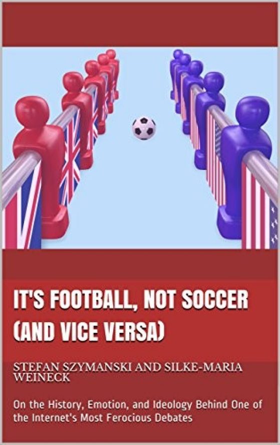 Book cover with foosball red figures next to Union Jack flags across from blue foosball figures next to American flags