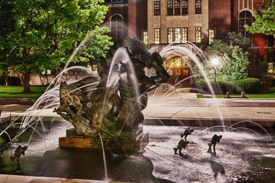 A UM fountain at night
