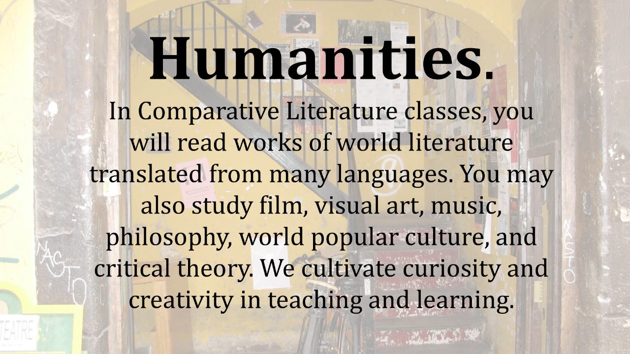 Text, “Humanities. In Comparative Literature classes, you will read works of world literature translated from many languages. You may also study film, visual art, music, philosophy, world popular culture, and critical theory. We cultivate curiosity and creativity in teaching and learning.”