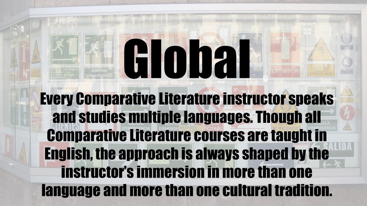 Text, “Global. Every Comparative Literature instructor speaks and studies multiple languages/ Though all Comparative Literature courses are taught in English, the approach is always shaped by the instructor’s immersion in more than one language and more than one cultural tradition.”