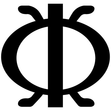 A circle split in half by a vertical line. The top and bottom of the circle each have two small, curved lines portruding.