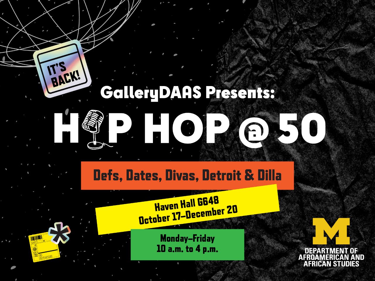 GalleryDAAS' exhibition title, "Hip Hop at 50," with a microphone and futuristic/music-related graphics